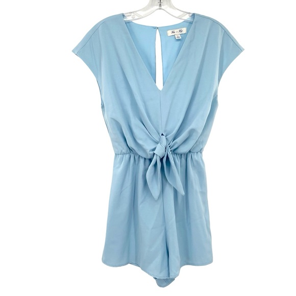 She + Sky Pants - She + Sky Anthropologie Blue Tie Waist Romper Size Small